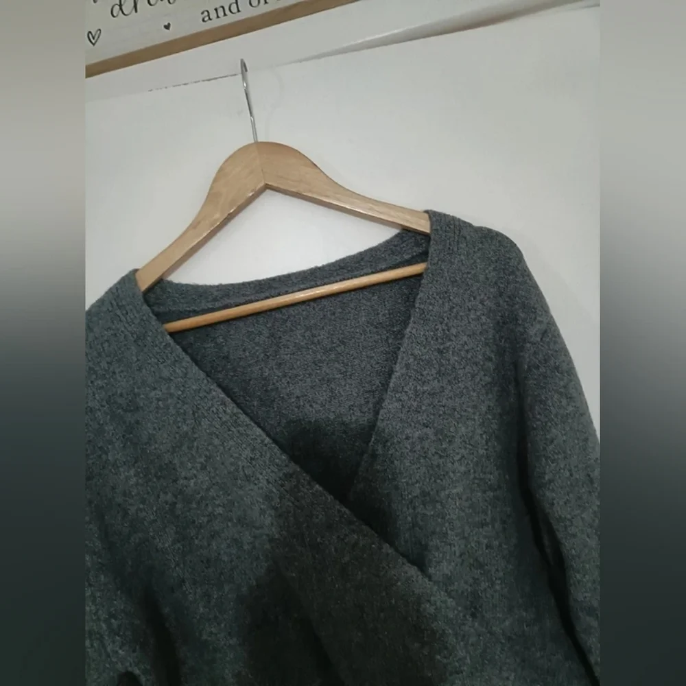 Gray V-Neck Women's Sweater - Picture 2 of 4